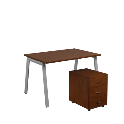 SET-A 328 stůl kancelářský, kovová podnož stříbrná + kontejner pojízdný, 3-zásuvkový, ořech královský