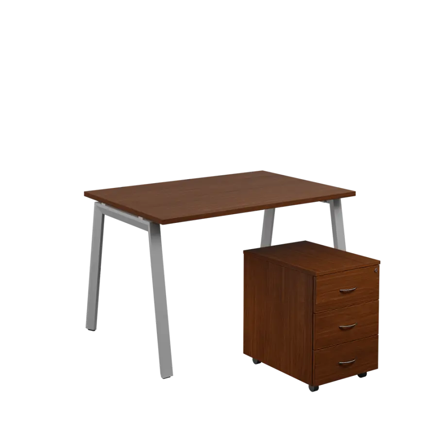 SET-A 328 stůl kancelářský, kovová podnož stříbrná + kontejner pojízdný, 3-zásuvkový, ořech královský