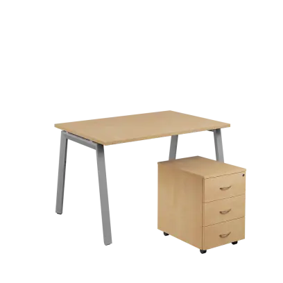 SET-A 328 stůl kancelářský, kovová podnož stříbrná + kontejner pojízdný, 3-zásuvkový, bříza irská