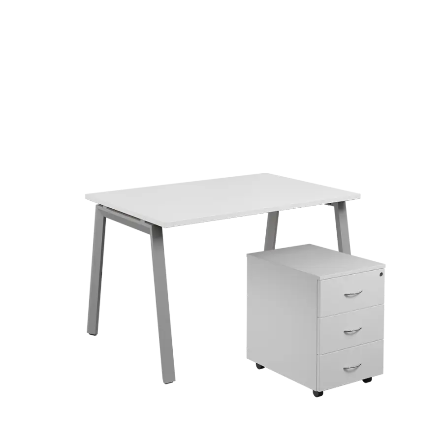 SET-A 328 stůl kancelářský, kovová podnož stříbrná + kontejner pojízdný, 3-zásuvkový, bílá