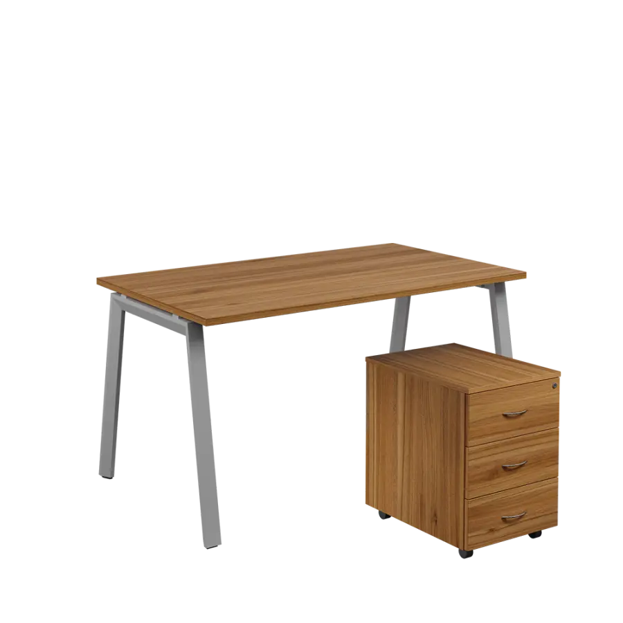 SET-A 348 stůl kancelářský, kovová podnož stříbrná + kontejner pojízdný, 3-zásuvkový, ořech světlý