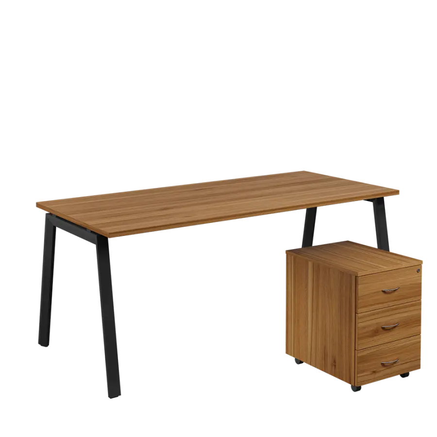 SET-A 388 stůl kancelářský, kovová podnož černá + kontejner pojízdný, 3-zásuvkový, ořech světlý