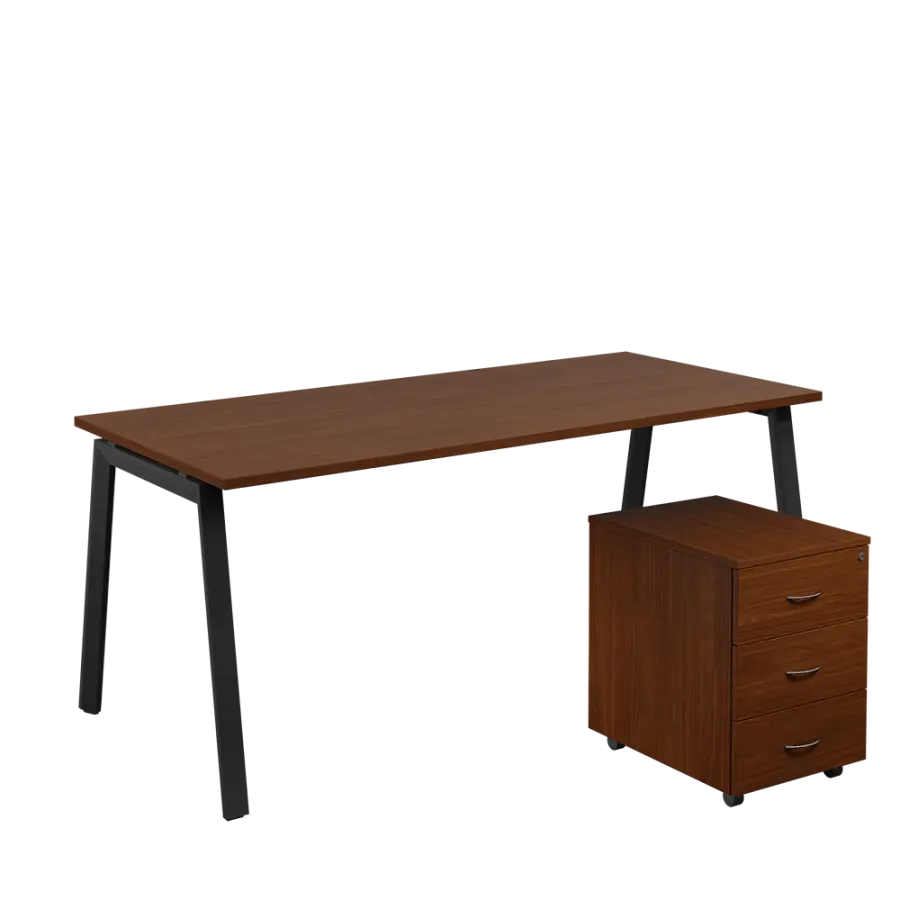 SET-A 388 stůl kancelářský, kovová podnož černá + kontejner pojízdný, 3-zásuvkový, ořech královský