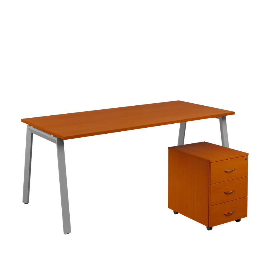 SET-A 388 stůl kancelářský, kovová podnož stříbrná + kontejner pojízdný, 3-zásuvkový, třešeň šumavská