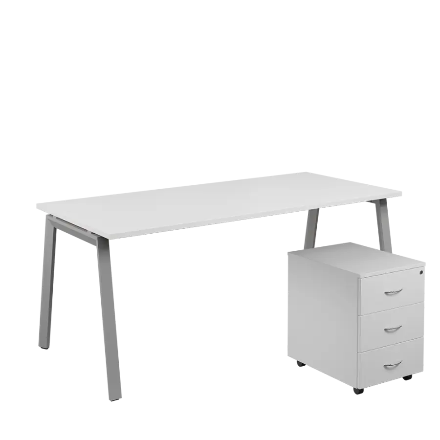 SET-A 388 stůl kancelářský, kovová podnož stříbrná + kontejner pojízdný, 3-zásuvkový, bílá