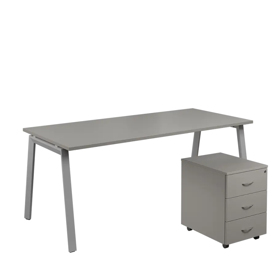 SET-A 388 stůl kancelářský, kovová podnož stříbrná + kontejner pojízdný, 3-zásuvkový, šedá