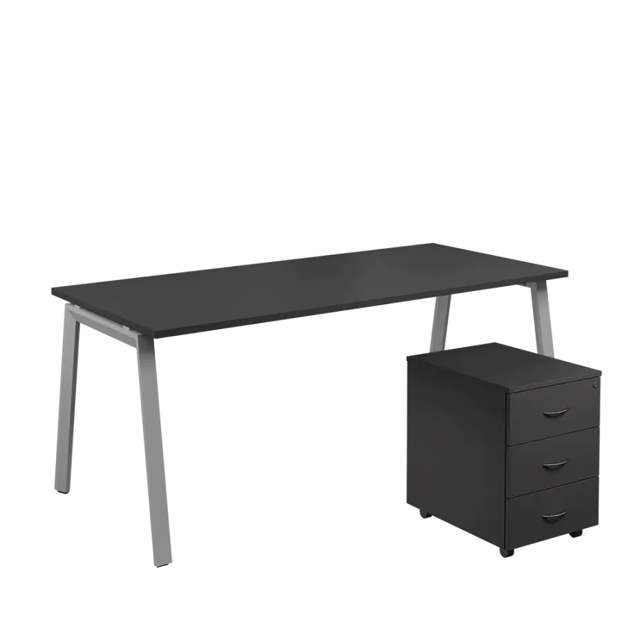 SET-A 388 stůl kancelářský, kovová podnož stříbrná + kontejner pojízdný, 3-zásuvkový, antracit