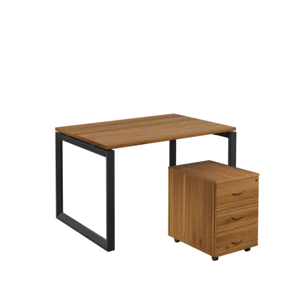 SET-O 328 stůl kancelářský, kovová podnož černá + kontejner pojízdný, 3-zásuvkový, ořech světlý