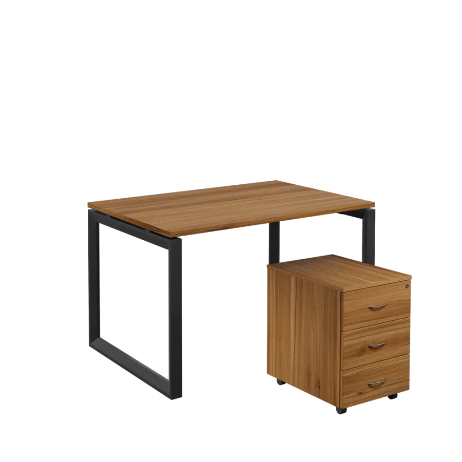 SET-O 328 stůl kancelářský, kovová podnož černá + kontejner pojízdný, 3-zásuvkový, ořech světlý