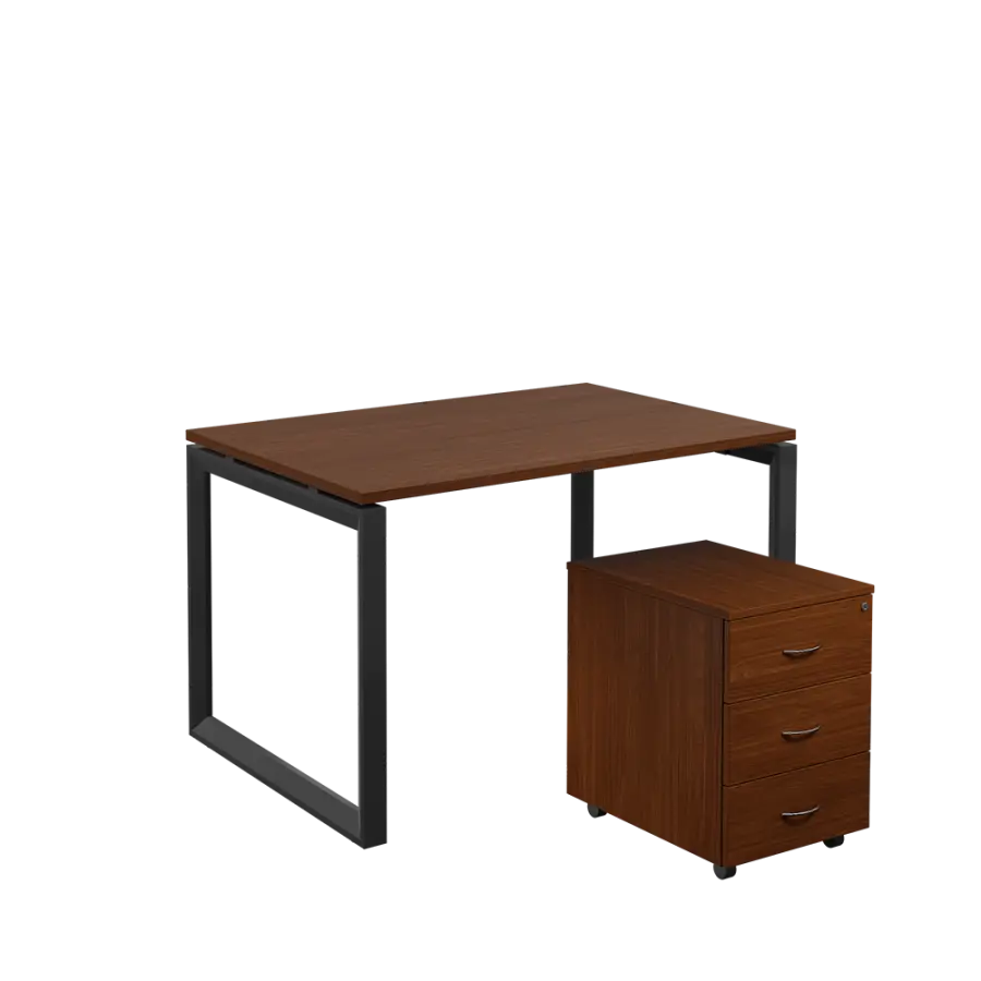 SET-O 328 stůl kancelářský, kovová podnož černá + kontejner pojízdný, 3-zásuvkový, ořech královský