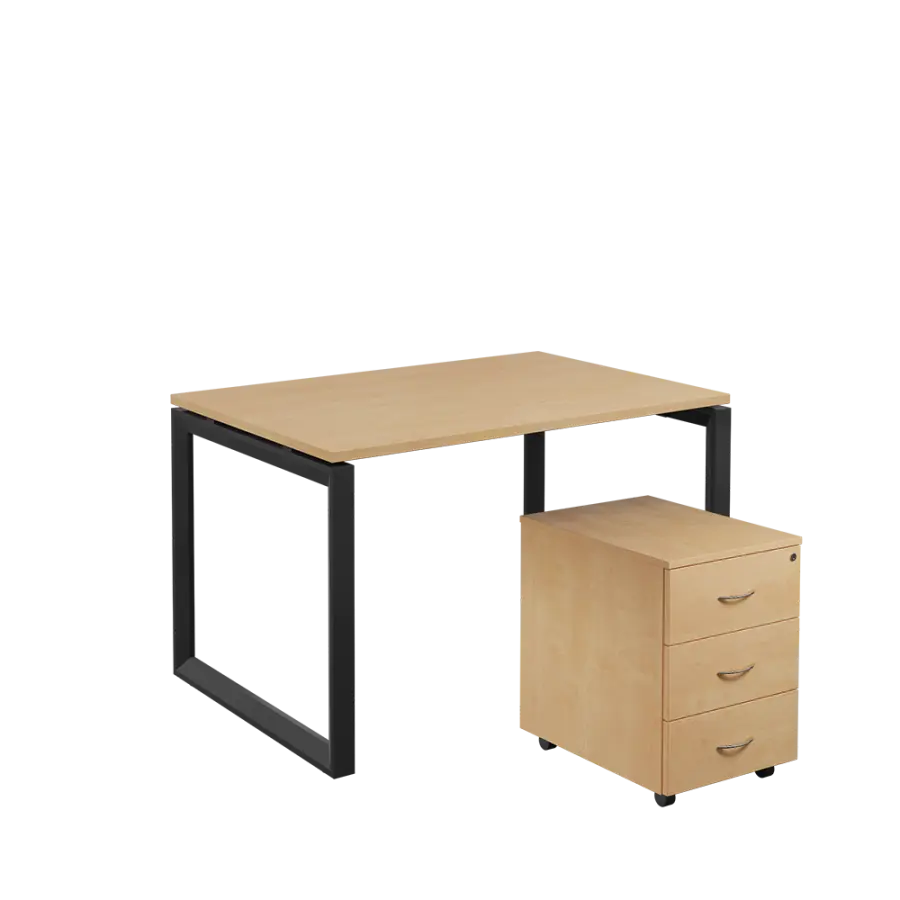 SET-O 328 stůl kancelářský, kovová podnož černá + kontejner pojízdný, 3-zásuvkový, bříza irská