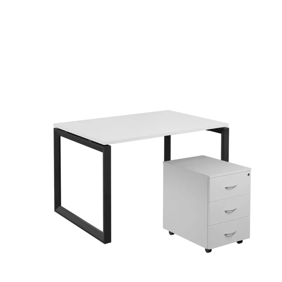 SET-O 328 stůl kancelářský, kovová podnož černá + kontejner pojízdný, 3-zásuvkový, bílá