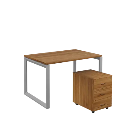 SET-O 328 stůl kancelářský, kovová podnož stříbrná + kontejner pojízdný, 3-zásuvkový, ořech světlý