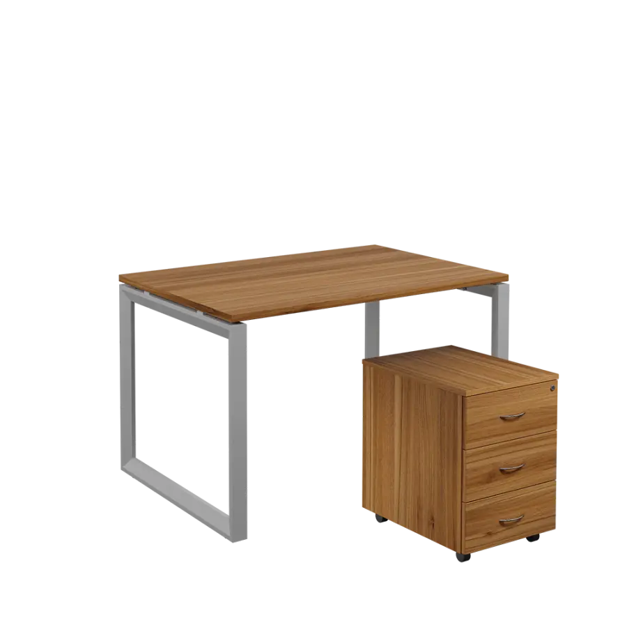 SET-O 328 stůl kancelářský, kovová podnož stříbrná + kontejner pojízdný, 3-zásuvkový, ořech světlý