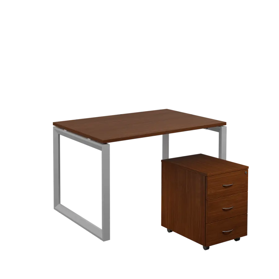 SET-O 328 stůl kancelářský, kovová podnož stříbrná + kontejner pojízdný, 3-zásuvkový, ořech královský