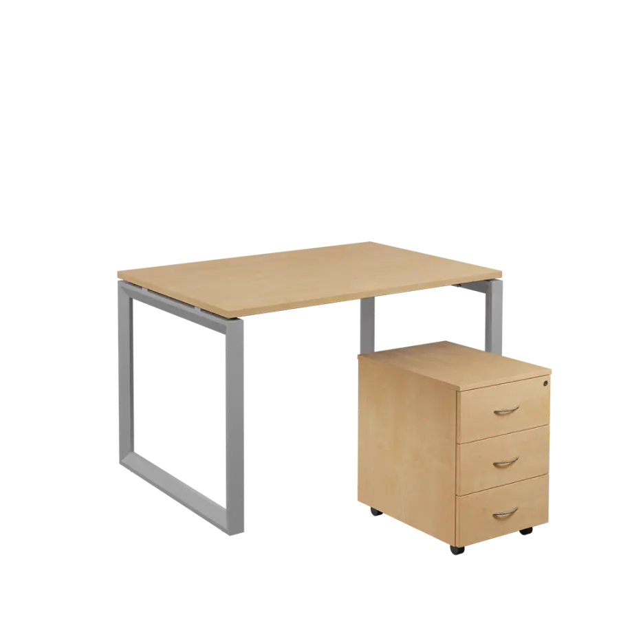 SET-O 328 stůl kancelářský, kovová podnož stříbrná + kontejner pojízdný, 3-zásuvkový, bříza irská