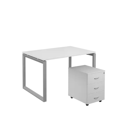 SET-O 328 stůl kancelářský, kovová podnož stříbrná + kontejner pojízdný, 3-zásuvkový, bílá
