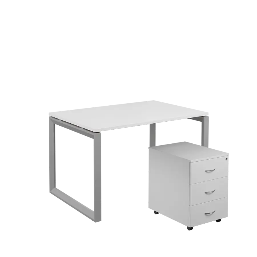 SET-O 328 stůl kancelářský, kovová podnož stříbrná + kontejner pojízdný, 3-zásuvkový, bílá