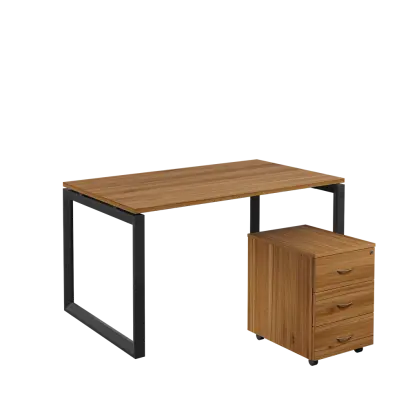 SET-O 348 stůl kancelářský, kovová podnož černá + kontejner pojízdný, 3-zásuvkový, ořech světlý