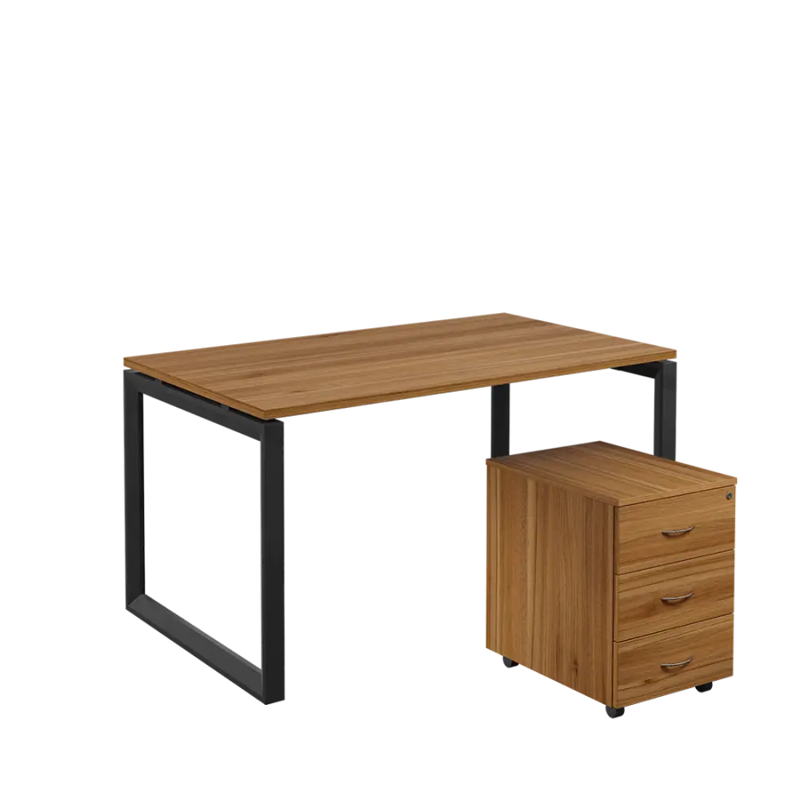 SET-O 348 stůl kancelářský, kovová podnož černá + kontejner pojízdný, 3-zásuvkový, ořech světlý