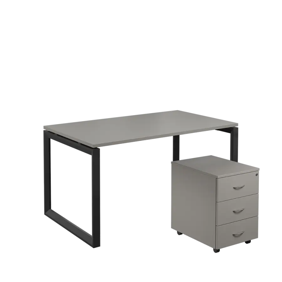 SET-O 348 stůl kancelářský, kovová podnož černá + kontejner pojízdný, 3-zásuvkový, šedá
