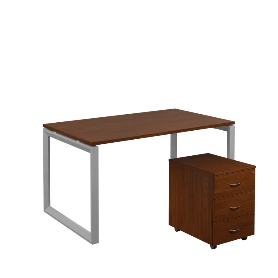 SET-O 348 stůl kancelářský, kovová podnož stříbrná + kontejner pojízdný, 3-zásuvkový, ořech královský