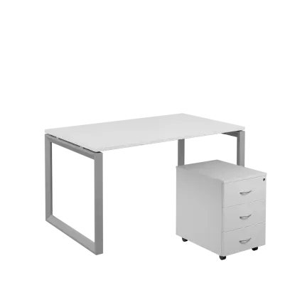 SET-O 348 stůl kancelářský, kovová podnož stříbrná + kontejner pojízdný, 3-zásuvkový, bílá