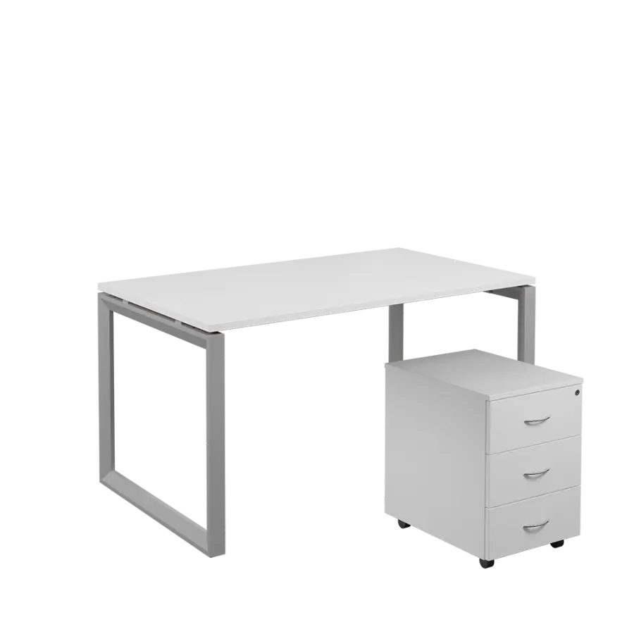 SET-O 348 stůl kancelářský, kovová podnož stříbrná + kontejner pojízdný, 3-zásuvkový, bílá