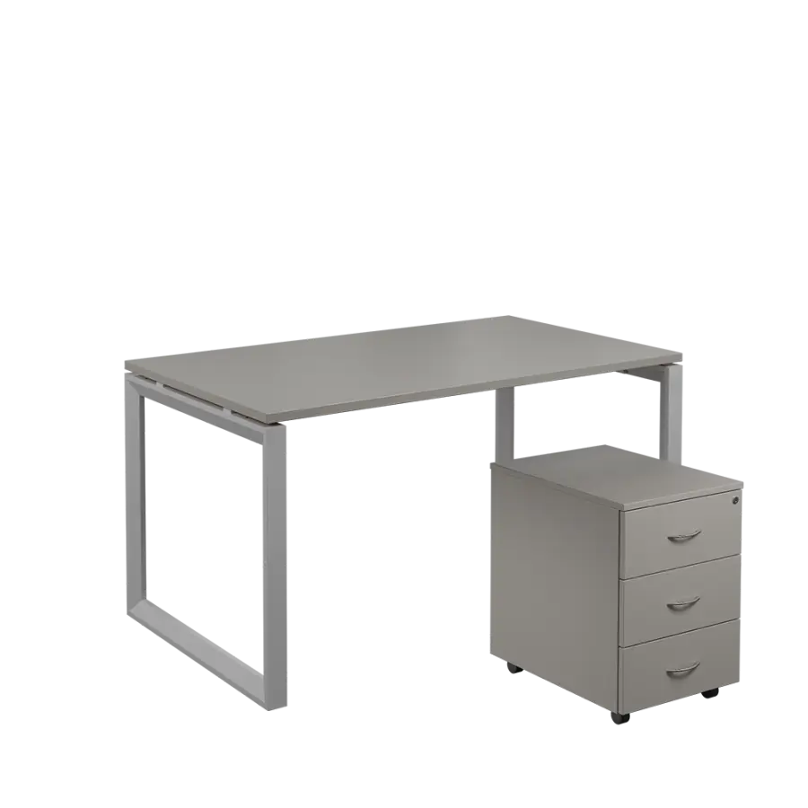 SET-O 348 stůl kancelářský, kovová podnož stříbrná + kontejner pojízdný, 3-zásuvkový, šedá