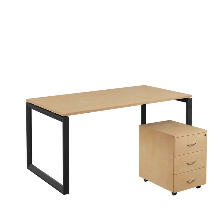 SET-O 368 stůl kancelářský, kovová podnož černá + kontejner pojízdný, 3-zásuvkový, bříza irská