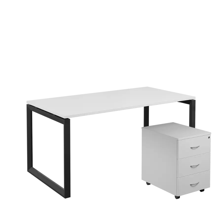 SET-O 368 stůl kancelářský, kovová podnož černá + kontejner pojízdný, 3-zásuvkový, bílá