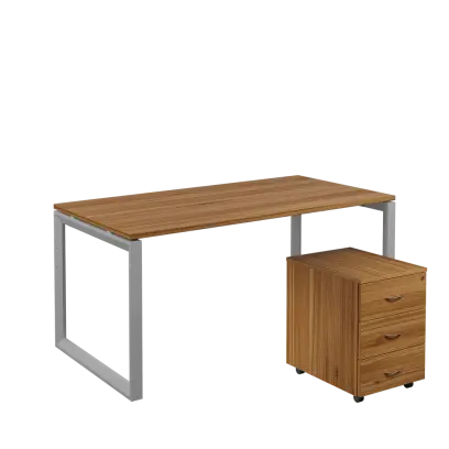 SET-O 368 stůl kancelářský, kovová podnož stříbrná + kontejner pojízdný, 3-zásuvkový, ořech světlý