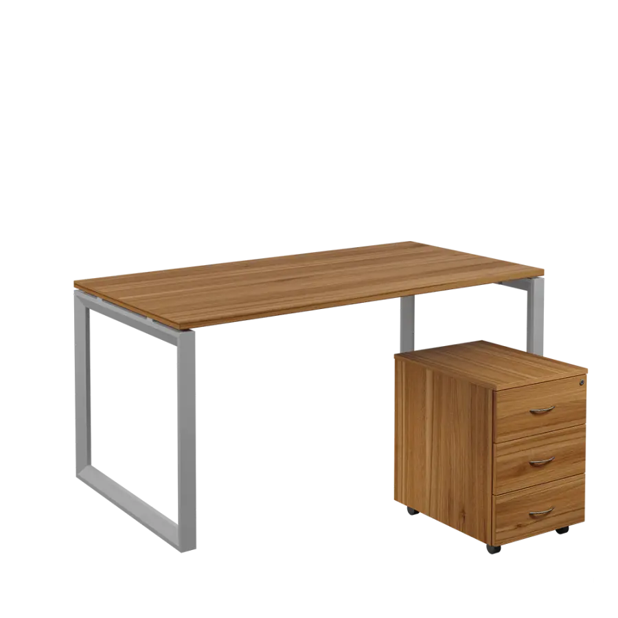 SET-O 368 stůl kancelářský, kovová podnož stříbrná + kontejner pojízdný, 3-zásuvkový, ořech světlý