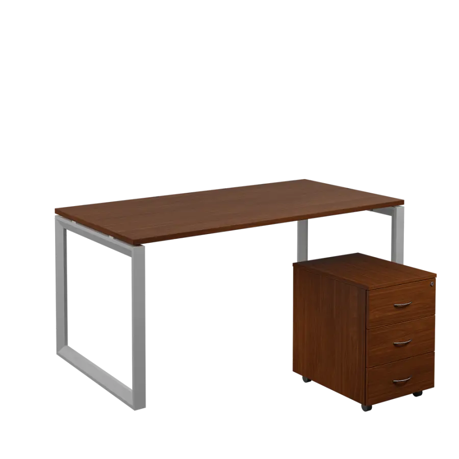 SET-O 368 stůl kancelářský, kovová podnož stříbrná + kontejner pojízdný, 3-zásuvkový, ořech královský