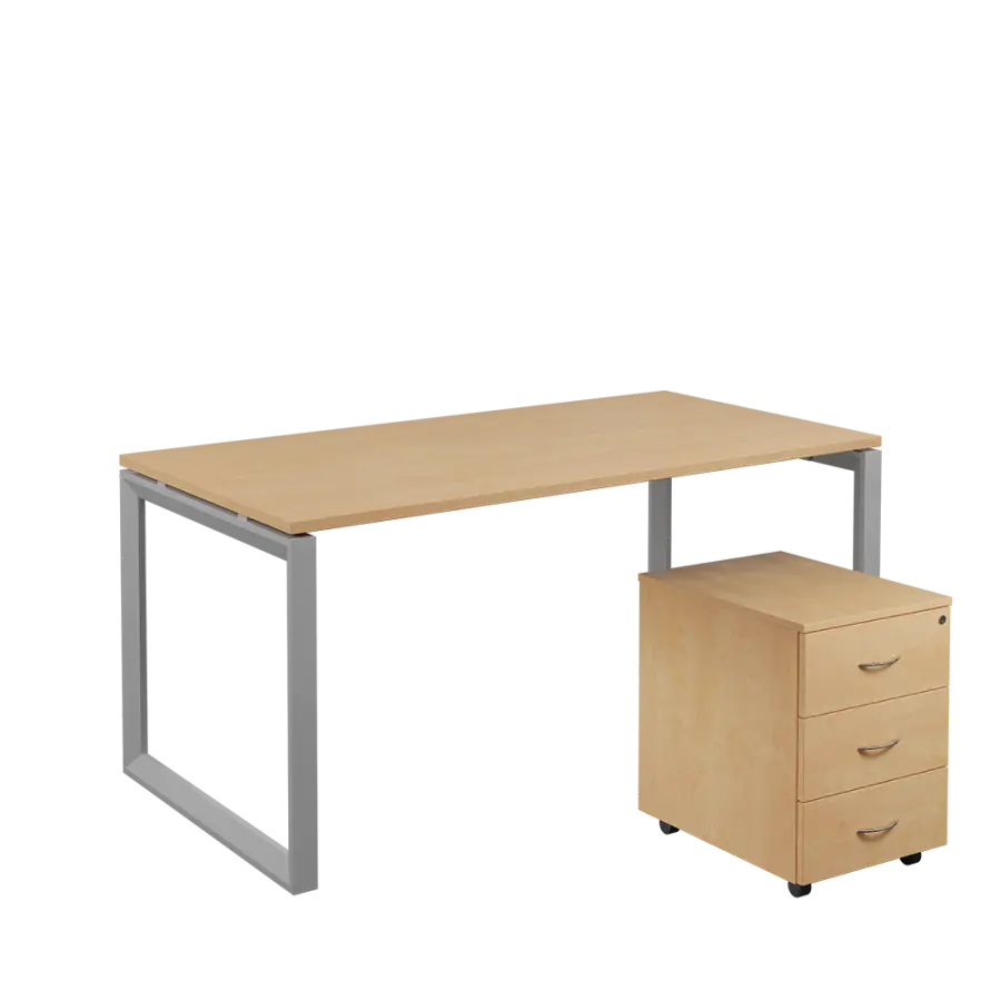 SET-O 368 stůl kancelářský, kovová podnož stříbrná + kontejner pojízdný, 3-zásuvkový, bříza irská