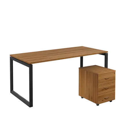 SET-O 388 stůl kancelářský, kovová podnož černá + kontejner pojízdný, 3-zásuvkový, ořech světlý