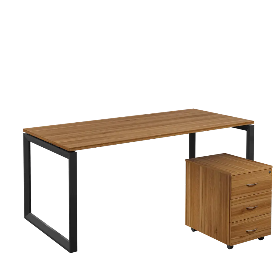 SET-O 388 stůl kancelářský, kovová podnož černá + kontejner pojízdný, 3-zásuvkový, ořech světlý