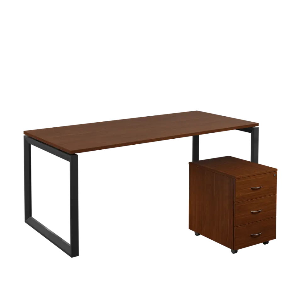 SET-O 388 stůl kancelářský, kovová podnož černá + kontejner pojízdný, 3-zásuvkový, ořech královský