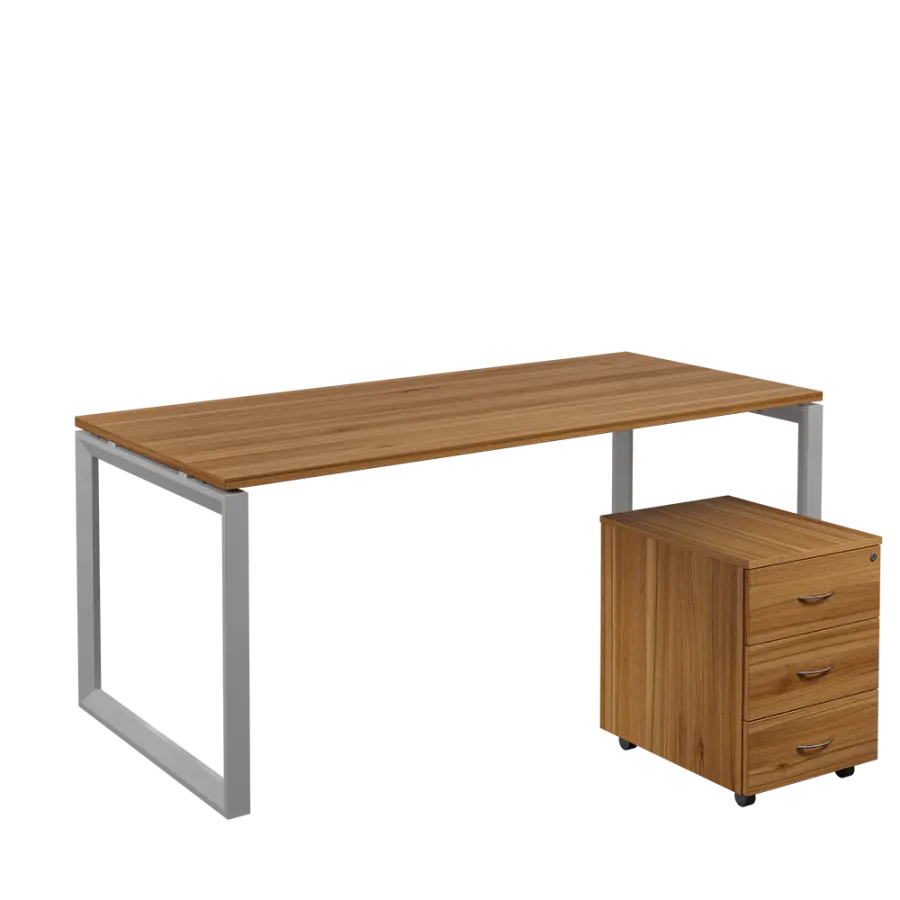 SET-O 388 stůl kancelářský, kovová podnož stříbrná + kontejner pojízdný, 3-zásuvkový, ořech světlý