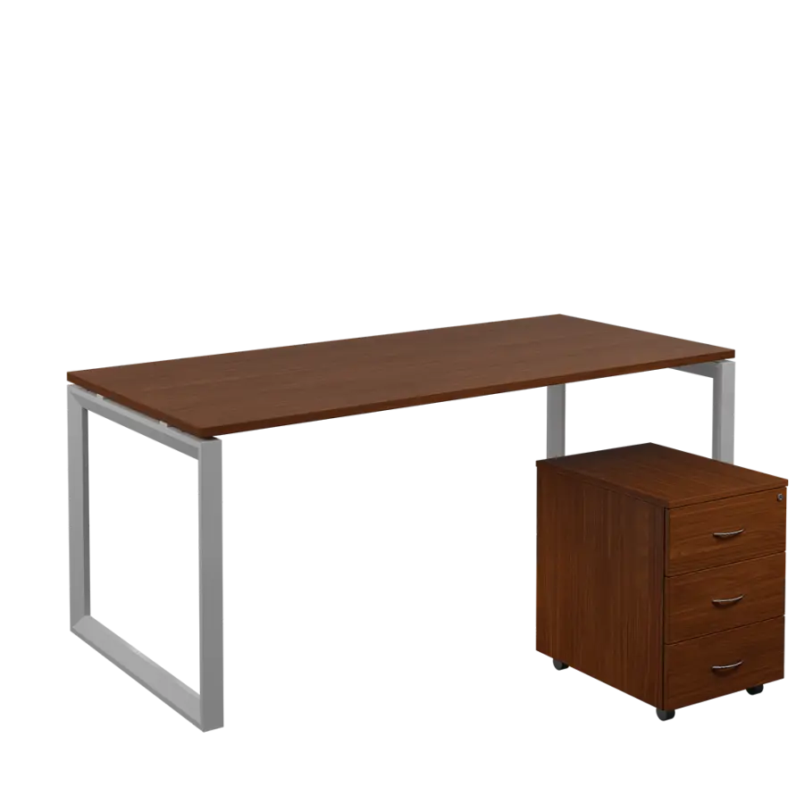 SET-O 388 stůl kancelářský, kovová podnož stříbrná + kontejner pojízdný, 3-zásuvkový, ořech královský