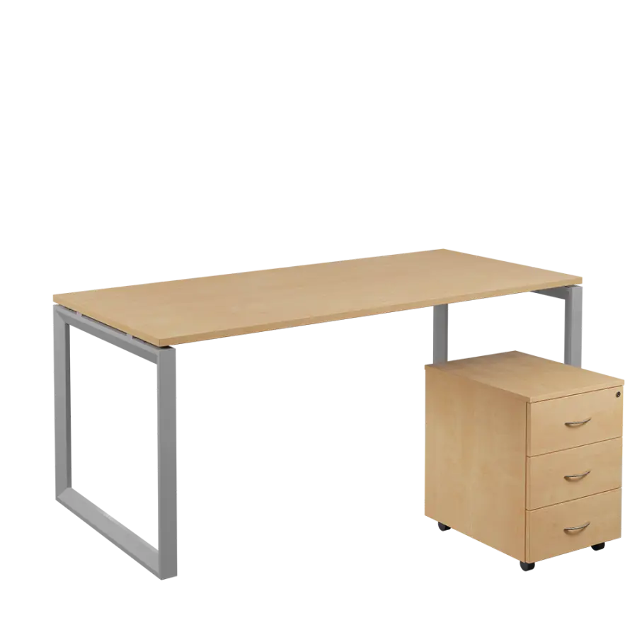 SET-O 388 stůl kancelářský, kovová podnož stříbrná + kontejner pojízdný, 3-zásuvkový, bříza irská