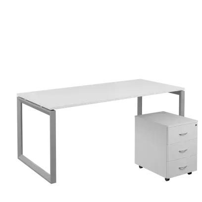SET-O 388 stůl kancelářský, kovová podnož stříbrná + kontejner pojízdný, 3-zásuvkový, bílá
