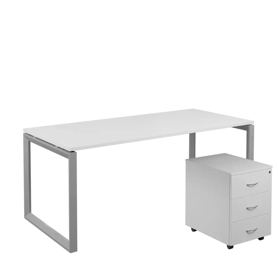 SET-O 388 stůl kancelářský, kovová podnož stříbrná + kontejner pojízdný, 3-zásuvkový, bílá
