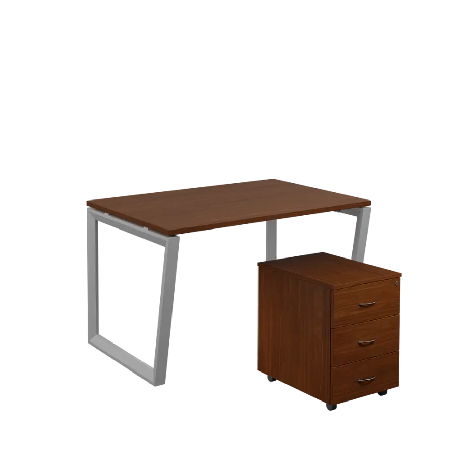 SET-V 328 stůl kancelářský, kovová podnož stříbrná + kontejner pojízdný, 3-zásuvkový, ořech královský