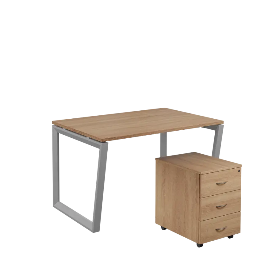 SET-V 328 stůl kancelářský, kovová podnož stříbrná + kontejner pojízdný, 3-zásuvkový, dub bardolino