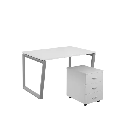 SET-V 328 stůl kancelářský, kovová podnož stříbrná + kontejner pojízdný, 3-zásuvkový, bílá