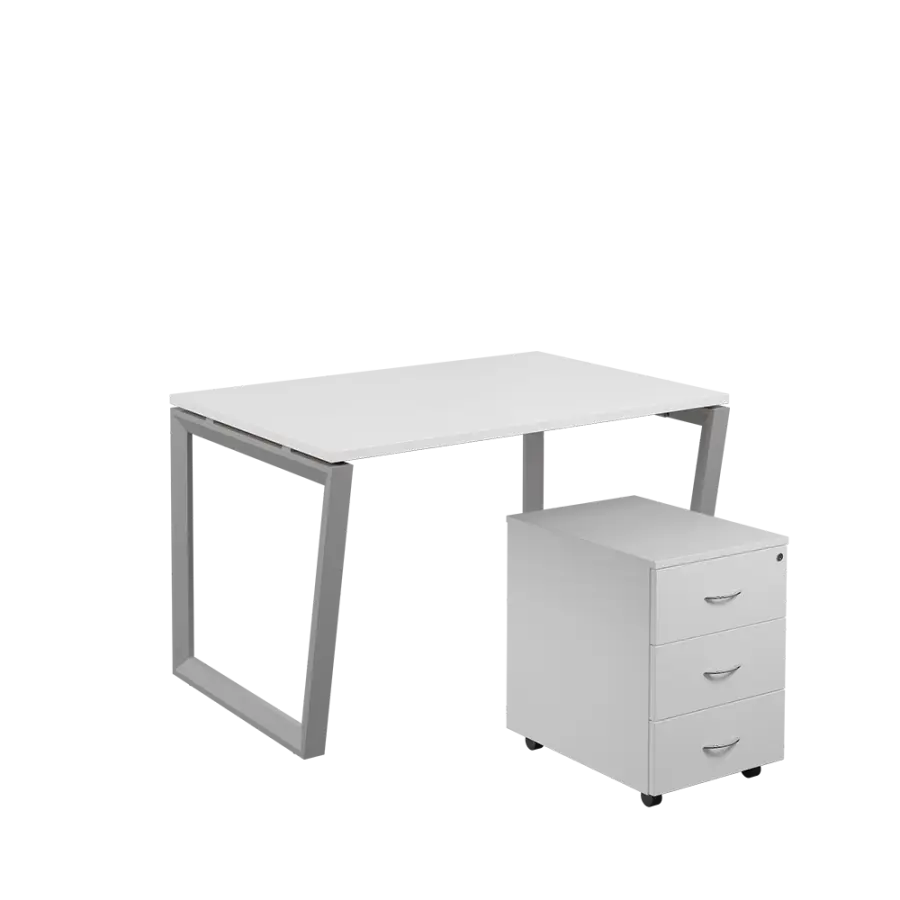 SET-V 328 stůl kancelářský, kovová podnož stříbrná + kontejner pojízdný, 3-zásuvkový, bílá