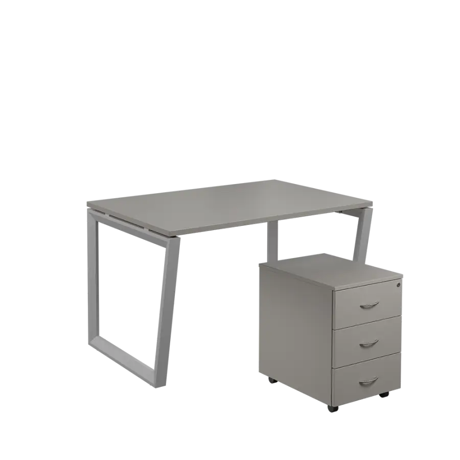 SET-V 328 stůl kancelářský, kovová podnož stříbrná + kontejner pojízdný, 3-zásuvkový, šedá