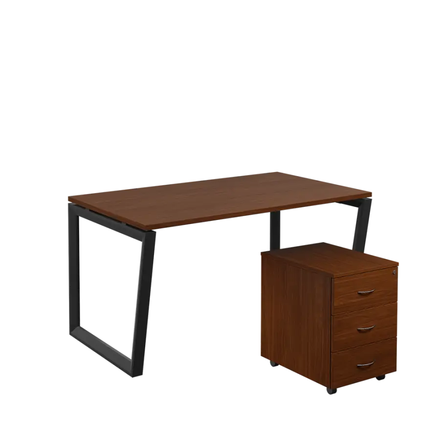 SET-V 348 stůl kancelářský, kovová podnož černá + kontejner pojízdný, 3-zásuvkový, ořech královský