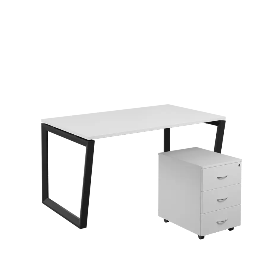 SET-V 348 stůl kancelářský, kovová podnož černá + kontejner pojízdný, 3-zásuvkový, bílá